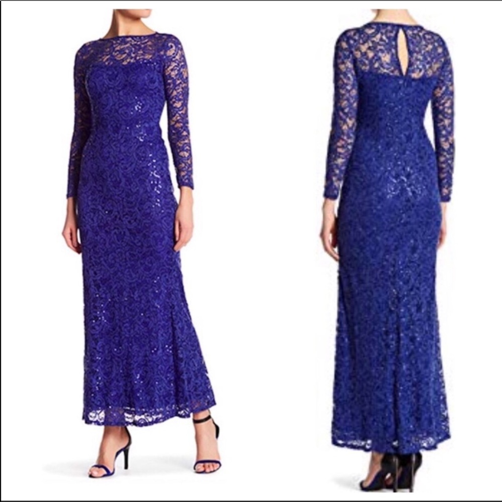 MARINA Long Sleeve Stretch Sequin Lace Dress